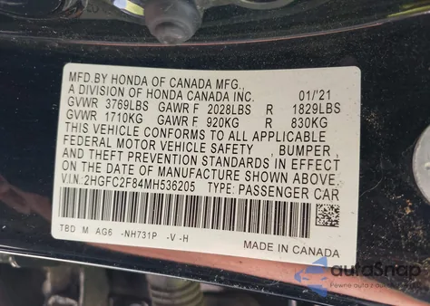 2021 Honda Civic Sport из США, поврежденный, VIN 2HGFC2F84MH536205